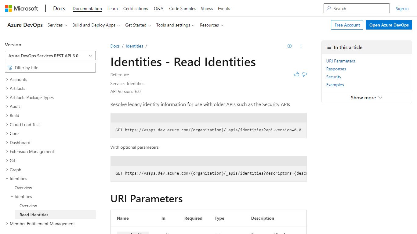 Identities - Read Identities - REST API (Azure DevOps Identities)